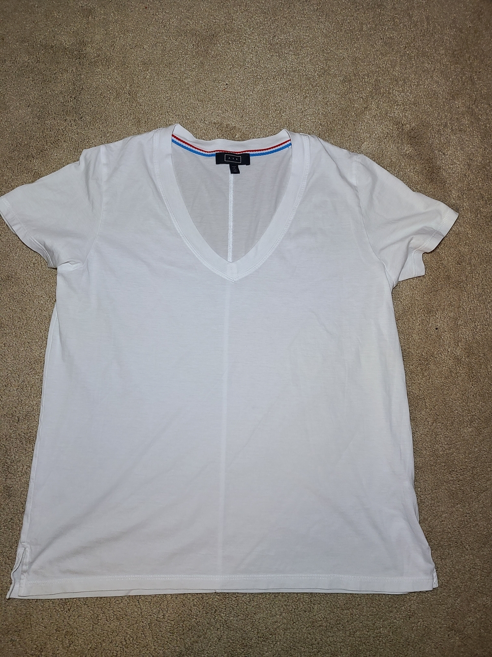 AYR White V-Neck Short Sleeve Tee with Subtle Trim XS Pima Cotton